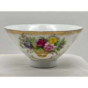 Vintage Japanese Small Pedestal Rice Bowl/Tea Cup Handless Floral Gilt Gold Edge